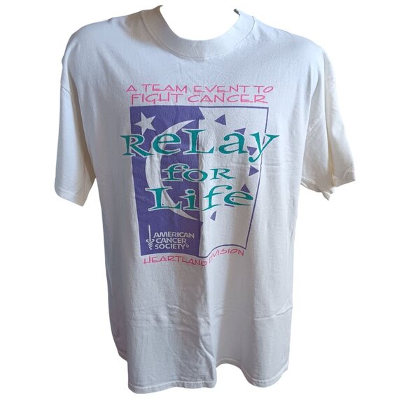 Vintage XL T-Shirt Relay For Life 1990's Cancer Fight Delta Pro Weight White - Picture 2 of 5